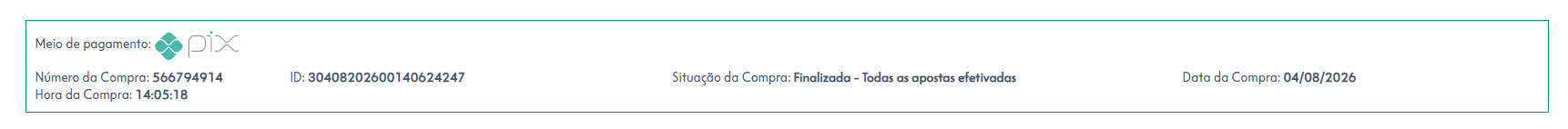 Comprovante de pagamento das apostas do concurso 3039