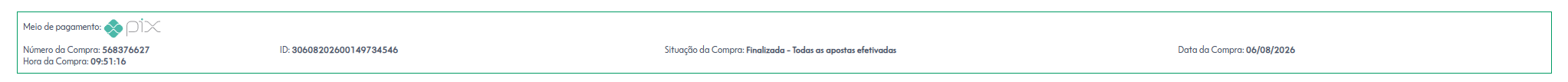 Comprovante de pagamento das apostas do concurso 3041